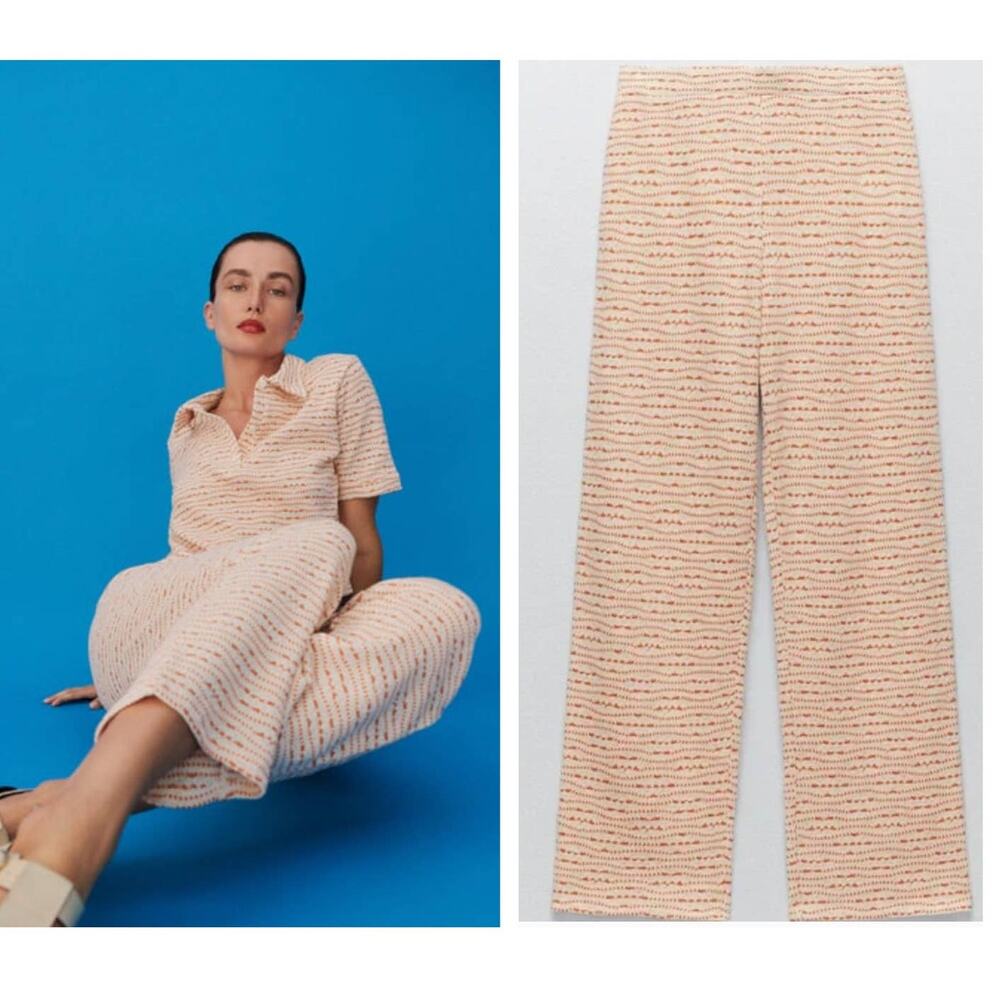 Zara Knit Jacquard Orange Printed Pull On Cropped Pants S Small